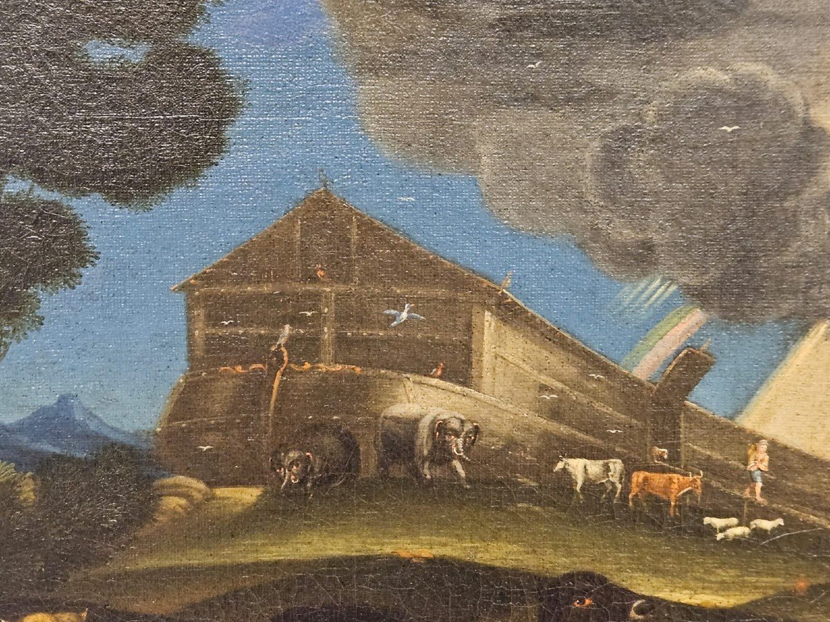 Olio su tela raffigurante la "discesa degli animali dall'Arca" - XVII Sec.-photo-2