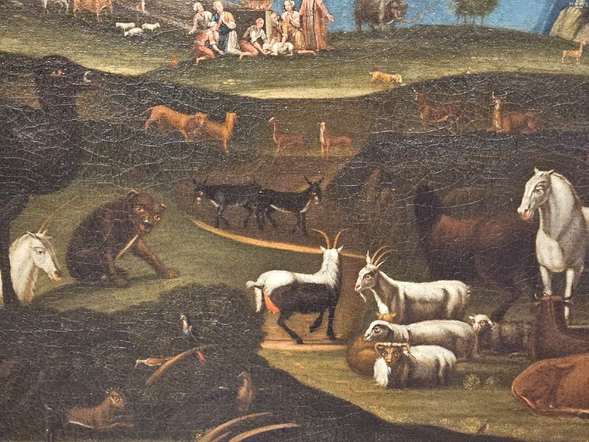Olio su tela raffigurante la "discesa degli animali dall'Arca" - XVII Sec.-photo-4