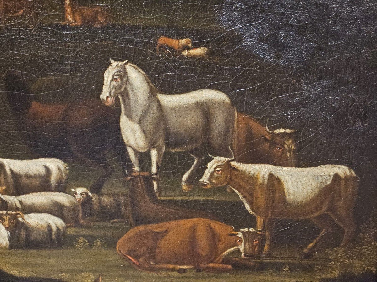 Olio su tela raffigurante la "discesa degli animali dall'Arca" - XVII Sec.-photo-4