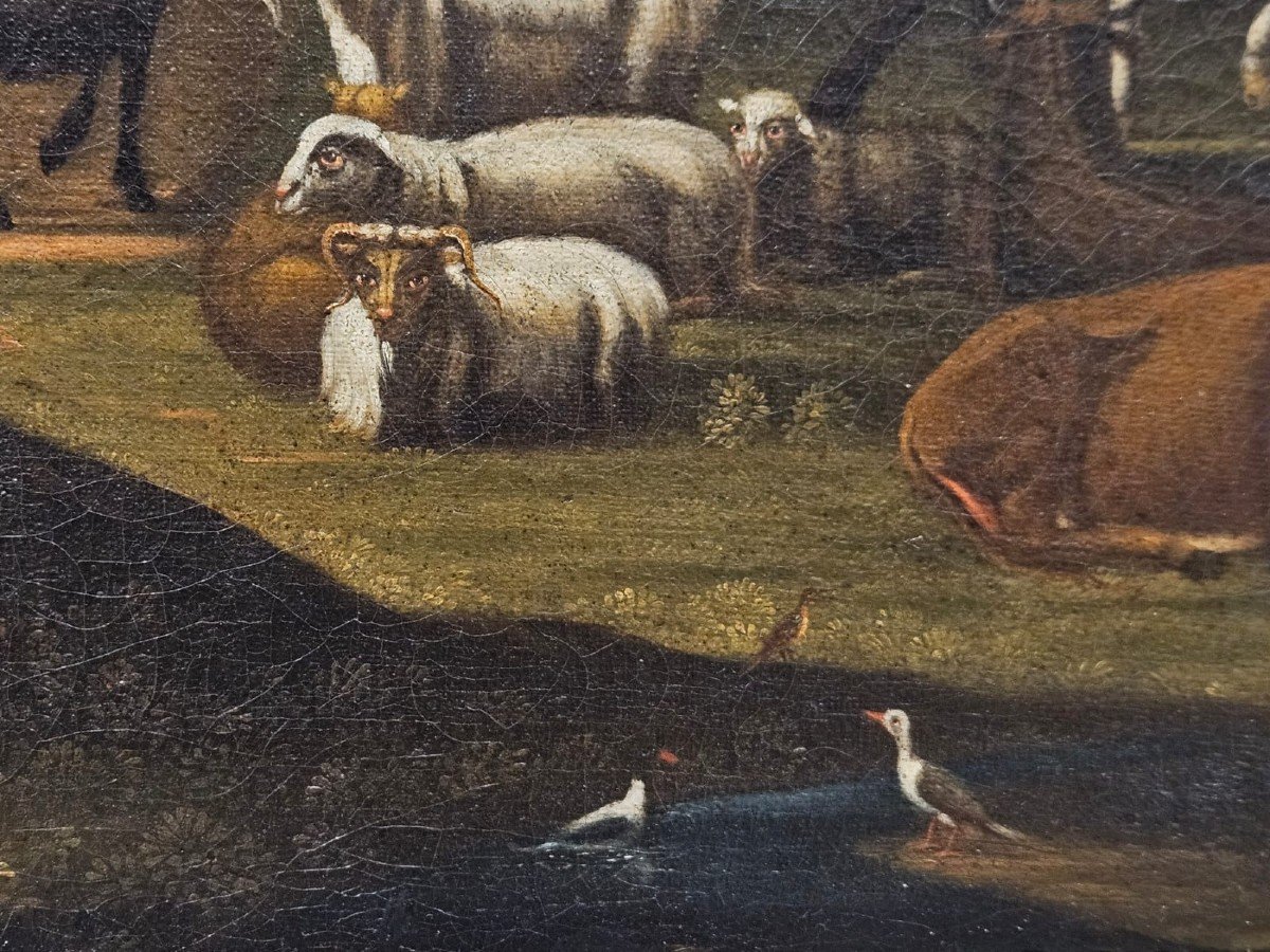 Olio su tela raffigurante la "discesa degli animali dall'Arca" - XVII Sec.-photo-5