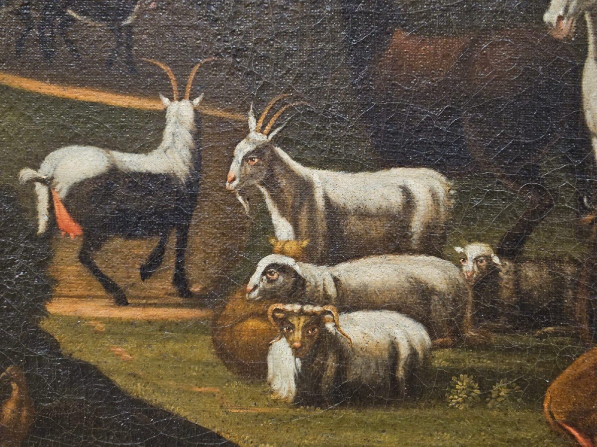 Olio su tela raffigurante la "discesa degli animali dall'Arca" - XVII Sec.-photo-7