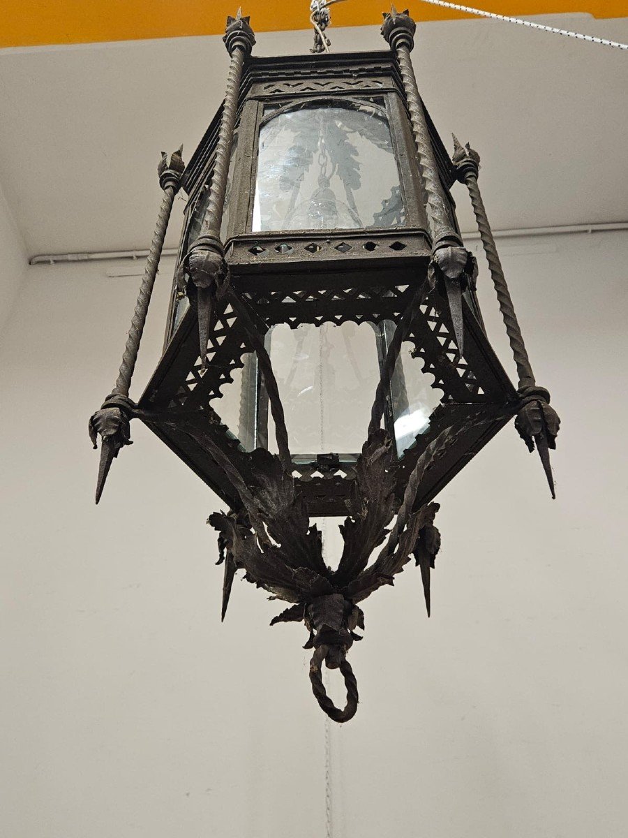Grande lampadario / lanterna in ferro battuto - Fine XIX Sec.-photo-3