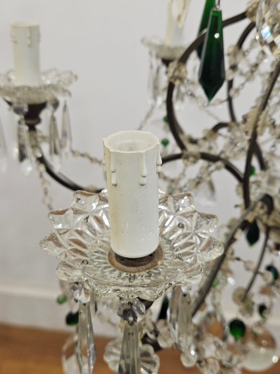 Lampadario a 6 luci in ferro e vetri verdi colorati - Anni '50-photo-2