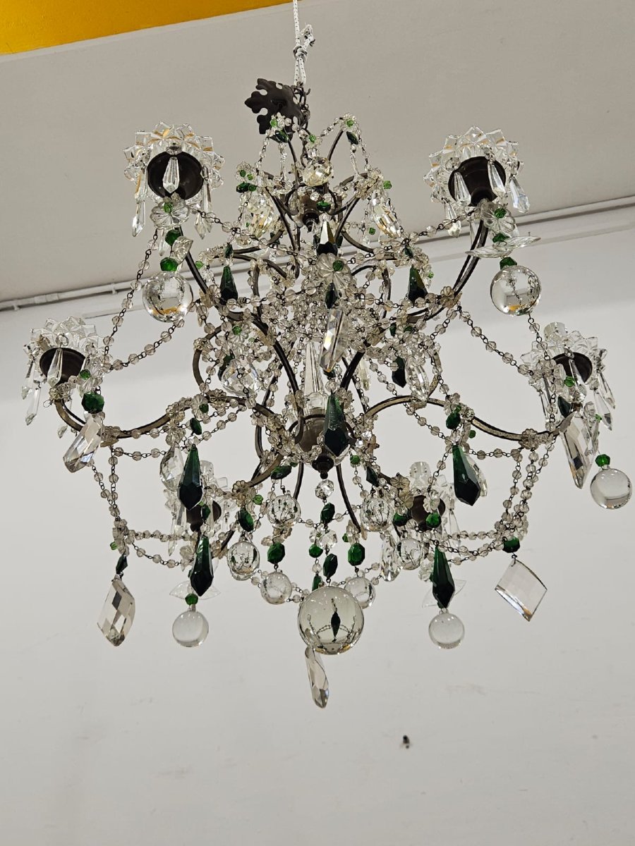 Lampadario a 6 luci in ferro e vetri verdi colorati - Anni '50-photo-4