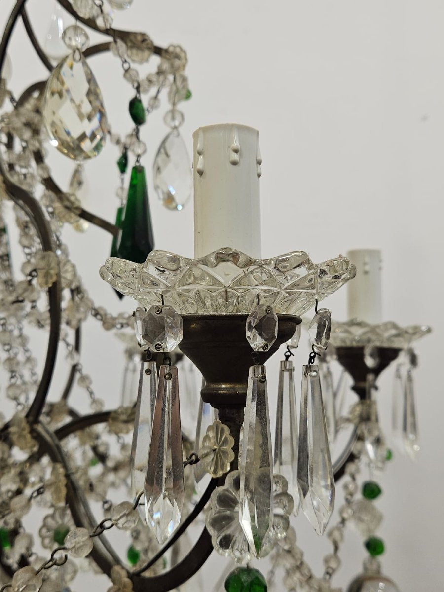 Lampadario a 6 luci in ferro e vetri verdi colorati - Anni '50-photo-1