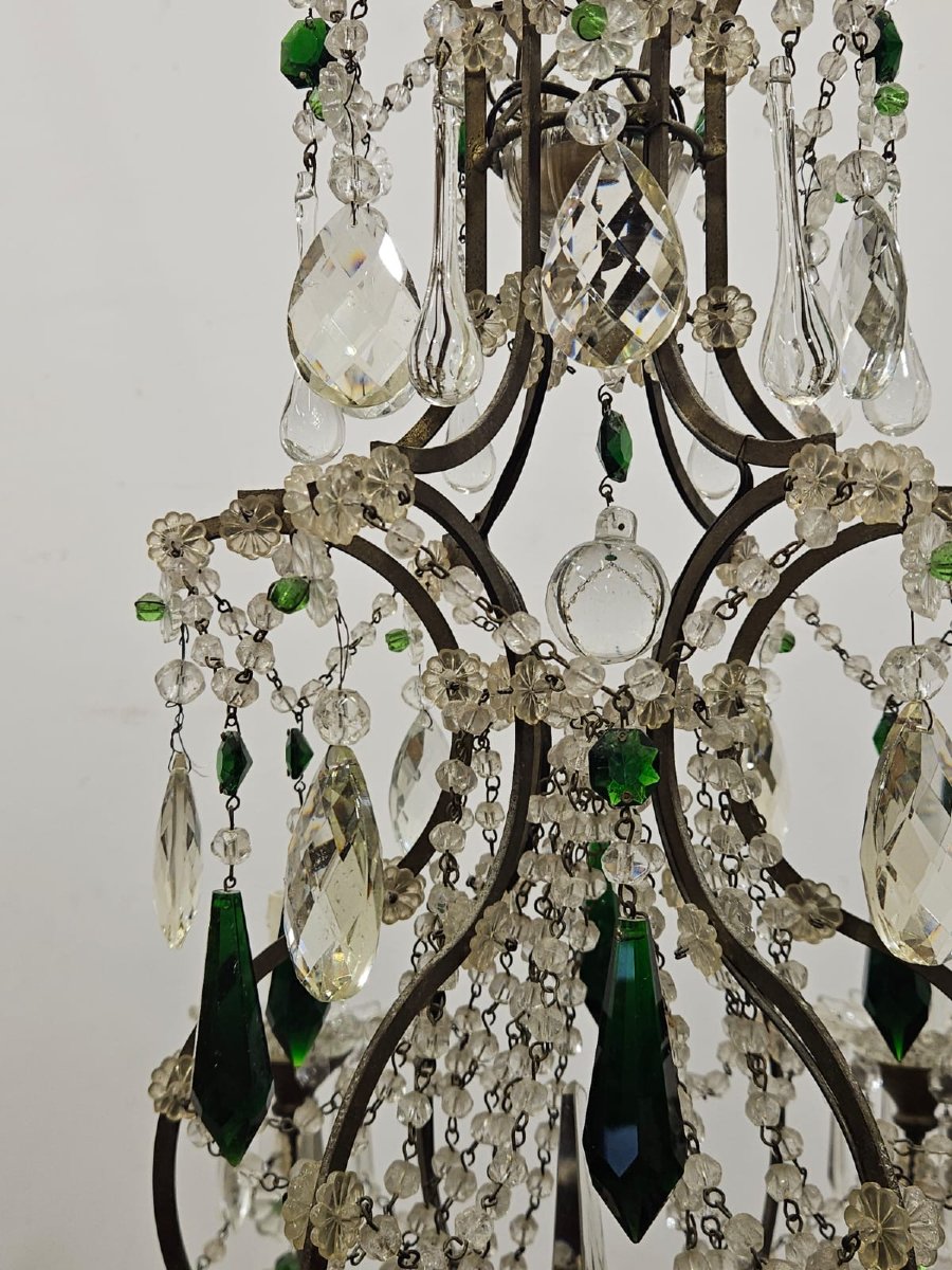 Lampadario a 6 luci in ferro e vetri verdi colorati - Anni '50-photo-2