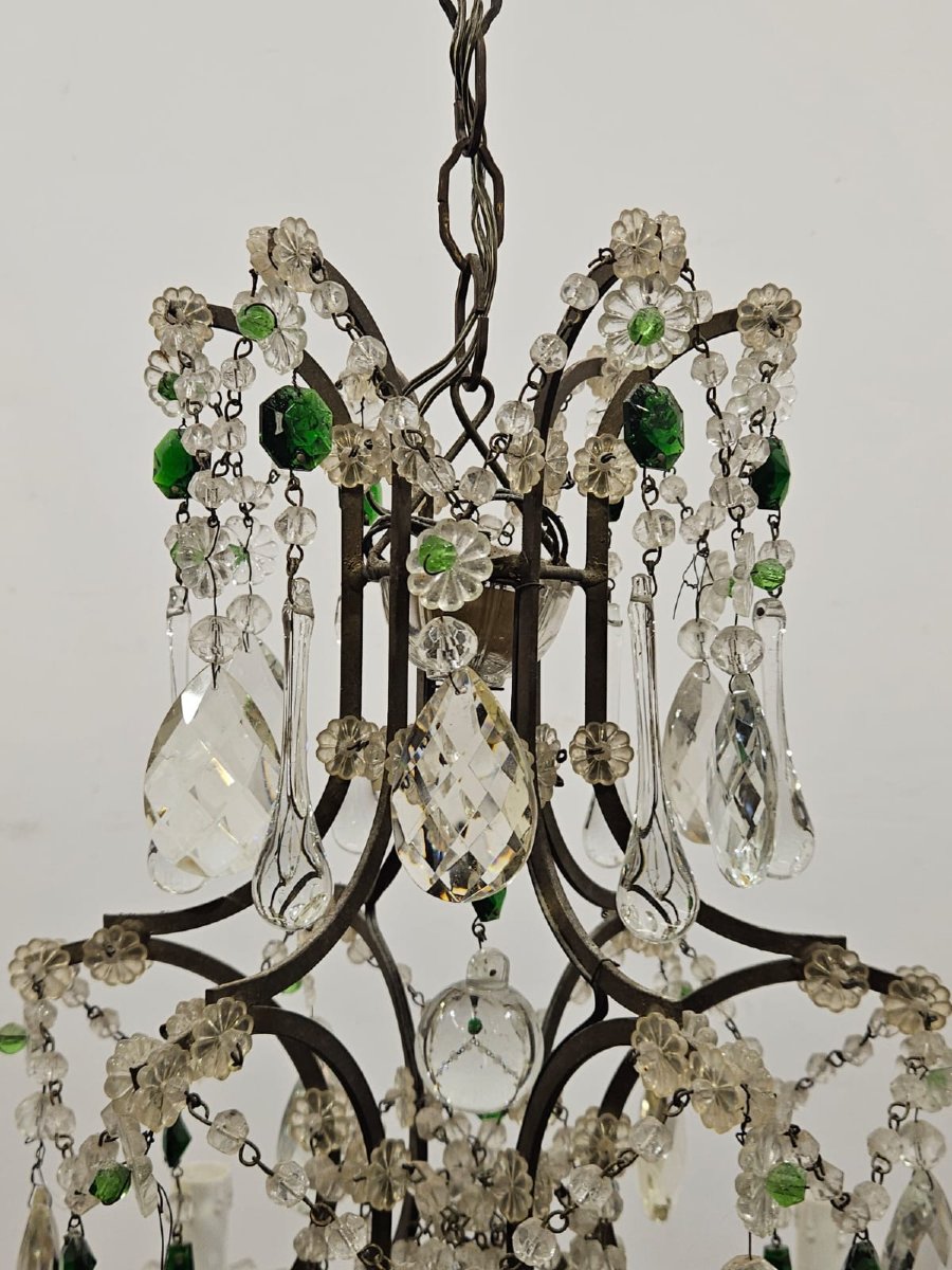 Lampadario a 6 luci in ferro e vetri verdi colorati - Anni '50-photo-4