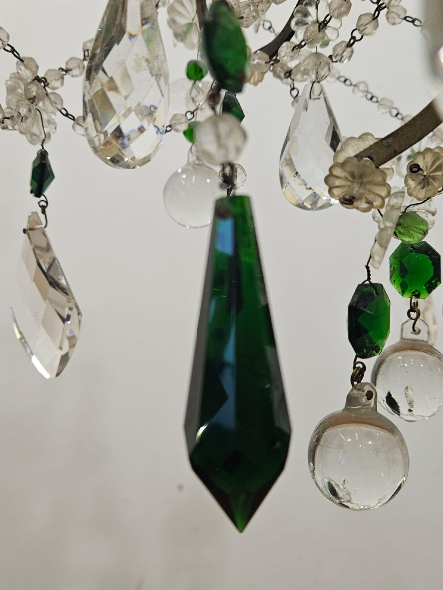 Lampadario a 6 luci in ferro e vetri verdi colorati - Anni '50-photo-6