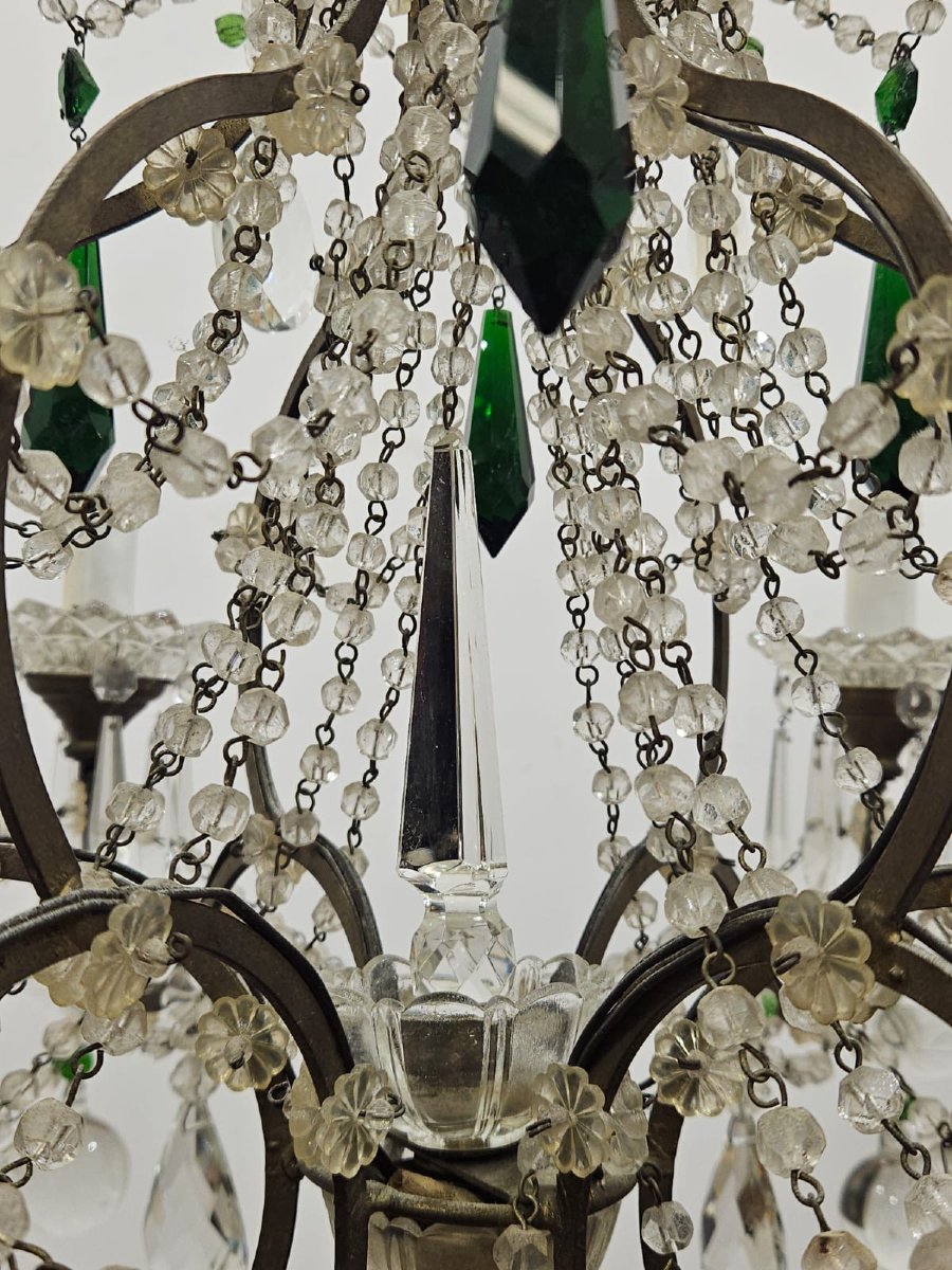 Lampadario a 6 luci in ferro e vetri verdi colorati - Anni '50-photo-7