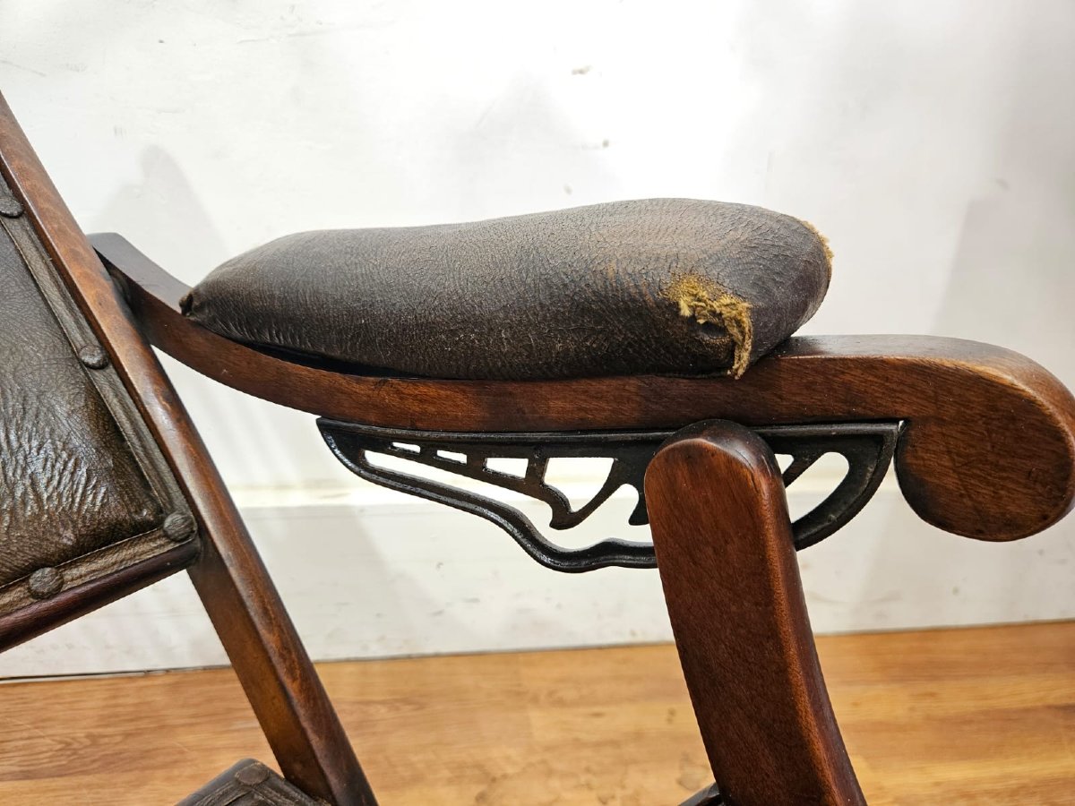 Sedia Pieghevole Inglese in Legno e Pelle – Fine XIX Sec.  / Inizio XX Sec.-photo-1