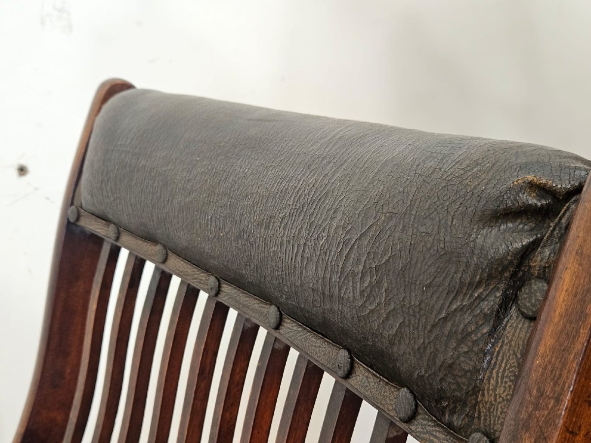 Sedia Pieghevole Inglese in Legno e Pelle – Fine XIX Sec.  / Inizio XX Sec.-photo-2