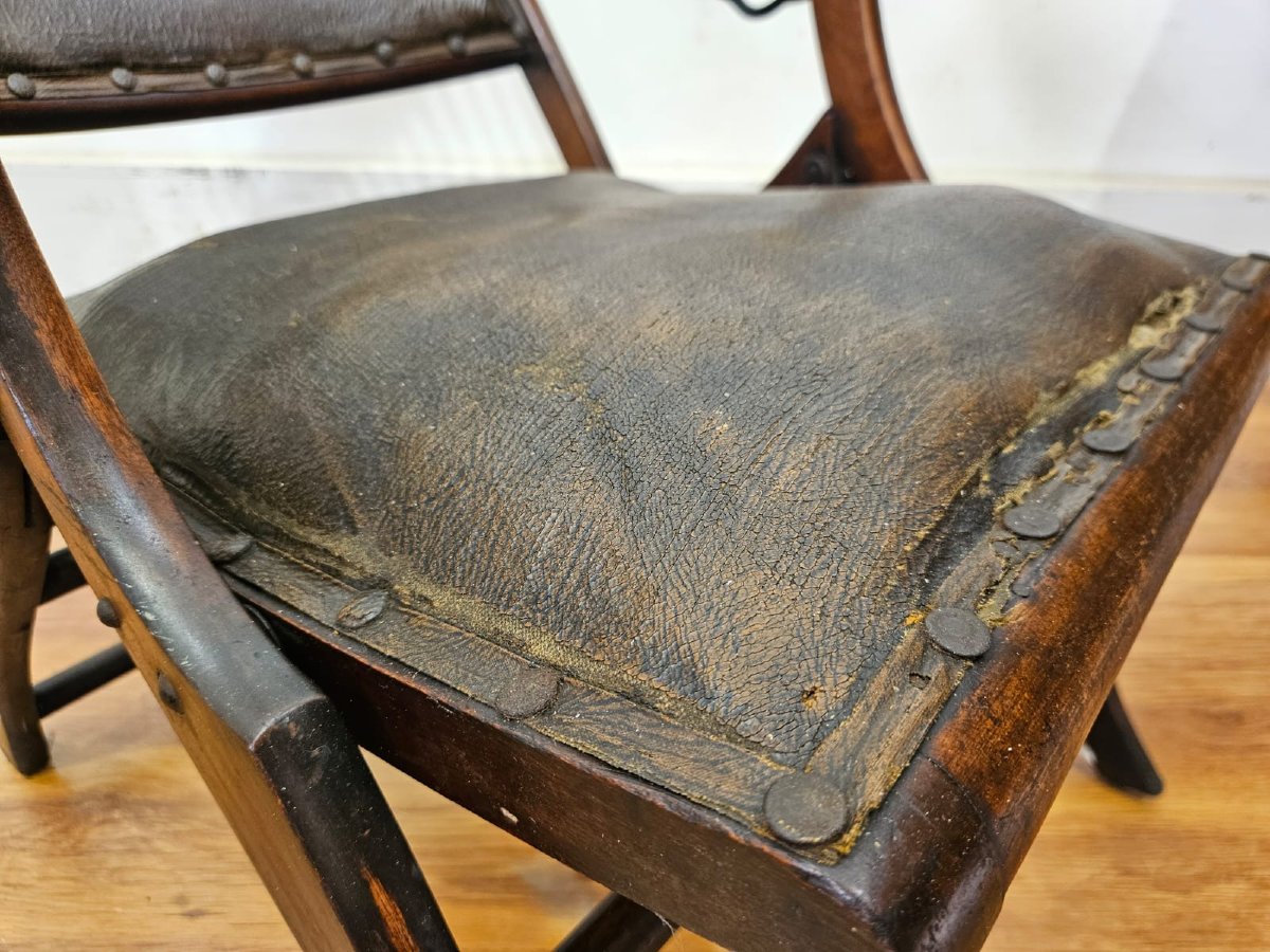 Sedia Pieghevole Inglese in Legno e Pelle – Fine XIX Sec.  / Inizio XX Sec.-photo-3