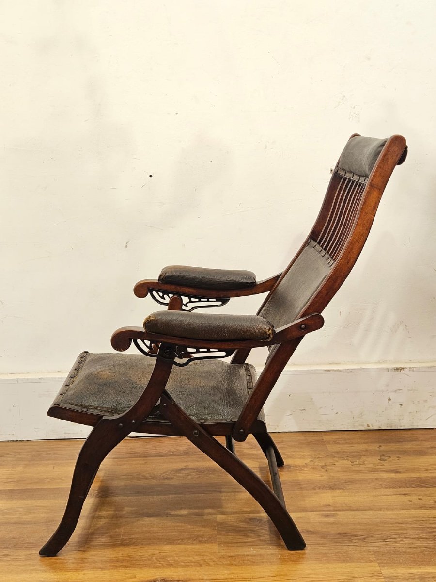 Sedia Pieghevole Inglese in Legno e Pelle – Fine XIX Sec.  / Inizio XX Sec.-photo-5