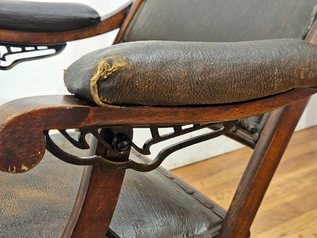 Sedia Pieghevole Inglese in Legno e Pelle – Fine XIX Sec.  / Inizio XX Sec.-photo-8