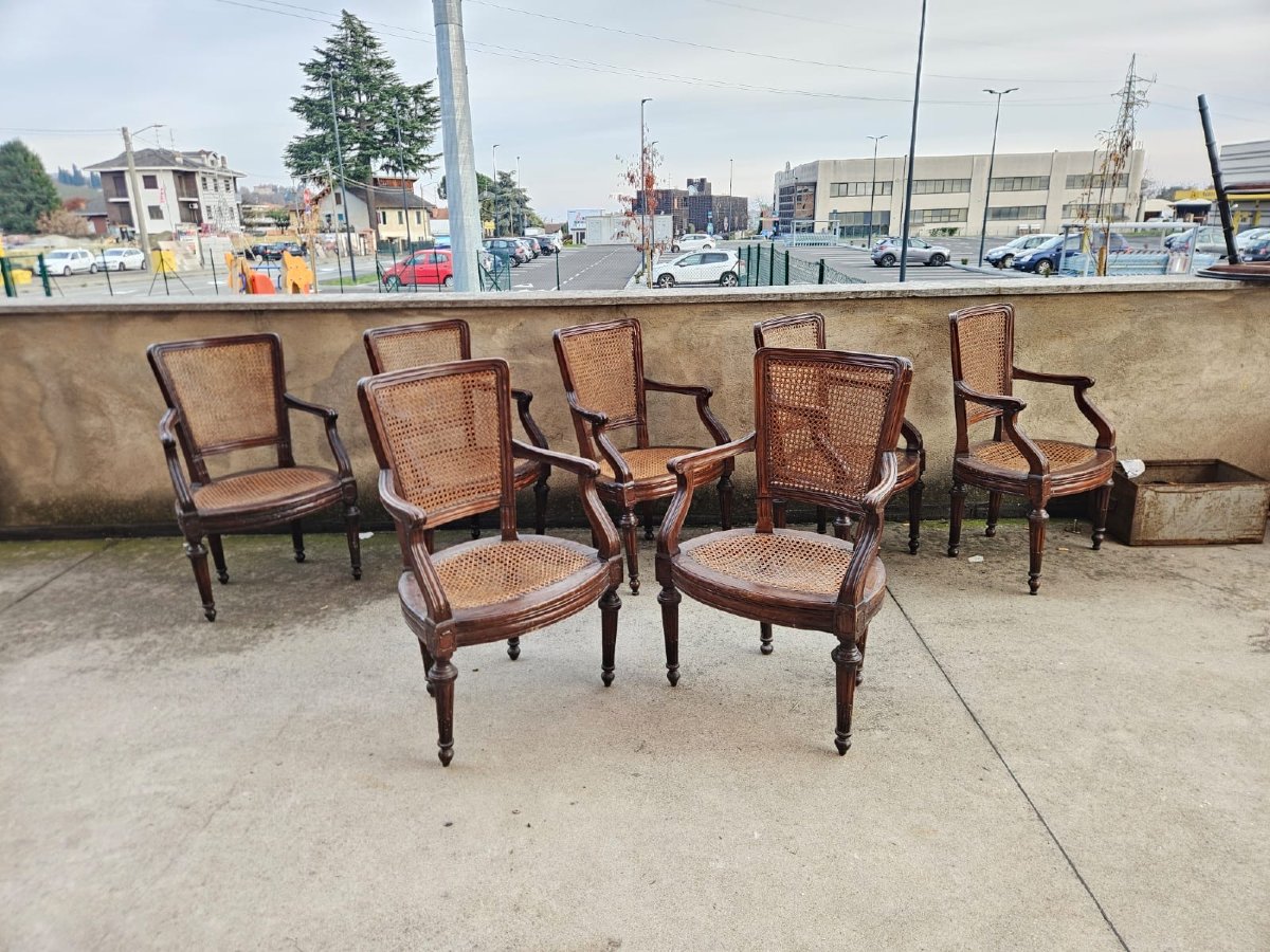 Serie di 7 poltroncine Luigi XVI in noce-photo-7