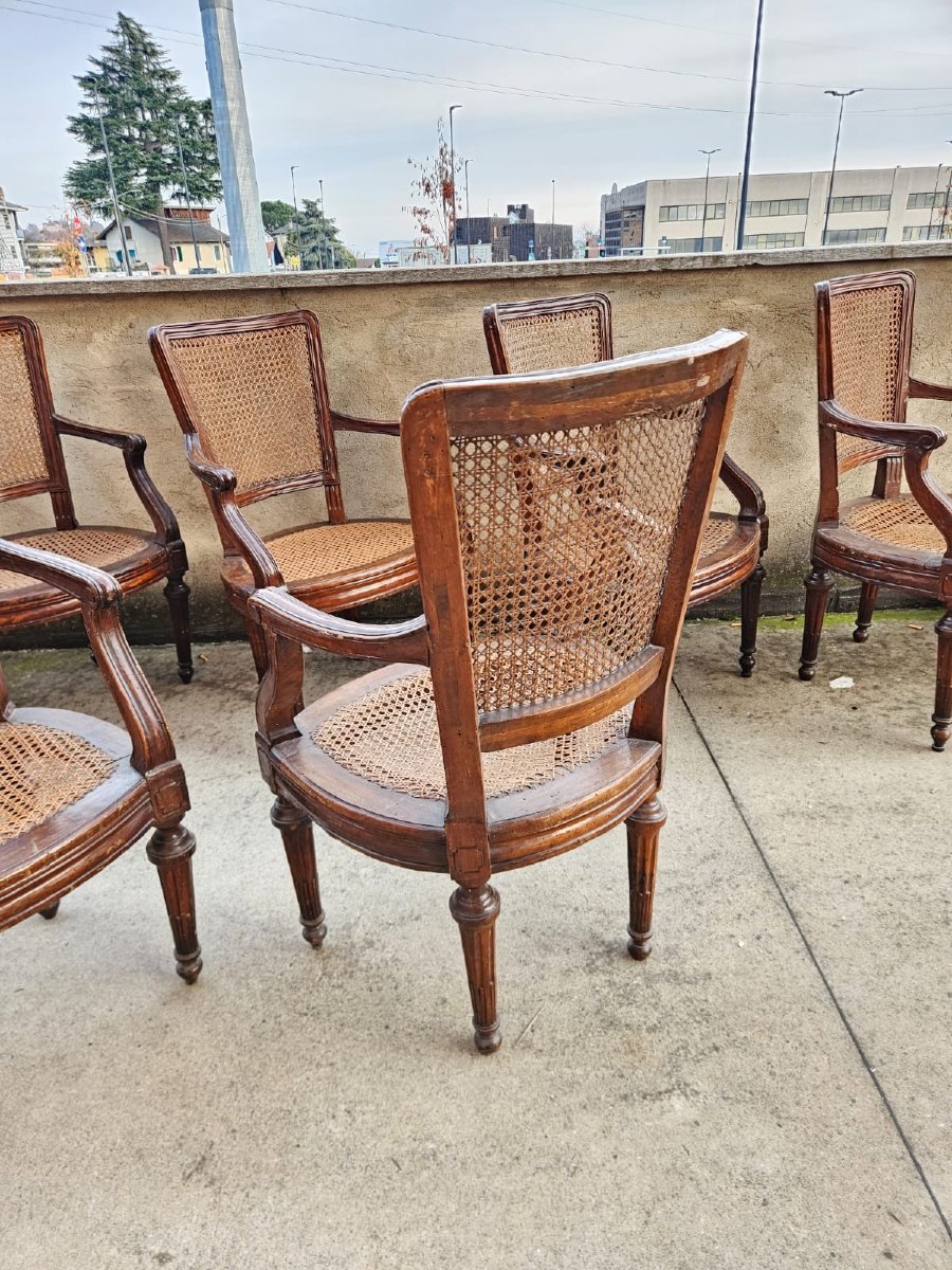 Serie di 7 poltroncine Luigi XVI in noce-photo-8