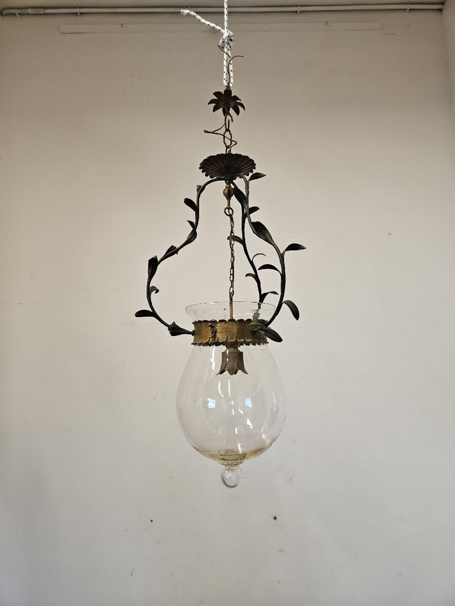 Lampadario in ferro battuto con vetro, anni ’50-photo-2