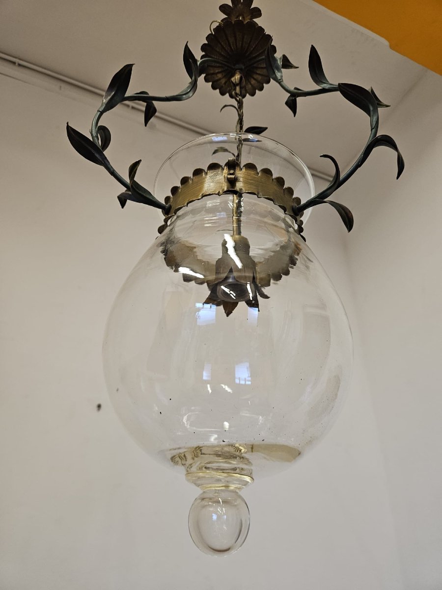 Lampadario in ferro battuto con vetro, anni ’50-photo-4