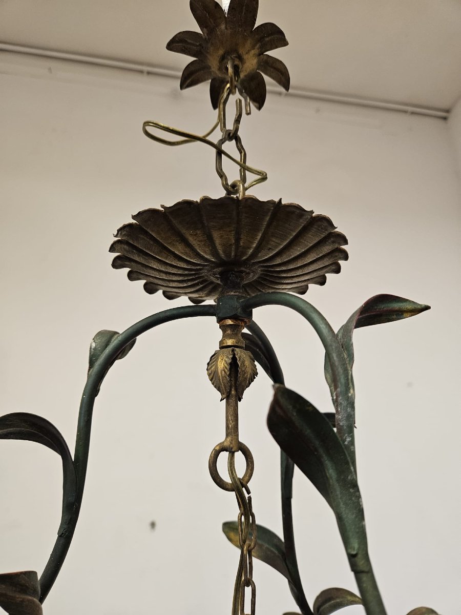 Lampadario in ferro battuto con vetro, anni ’50-photo-1