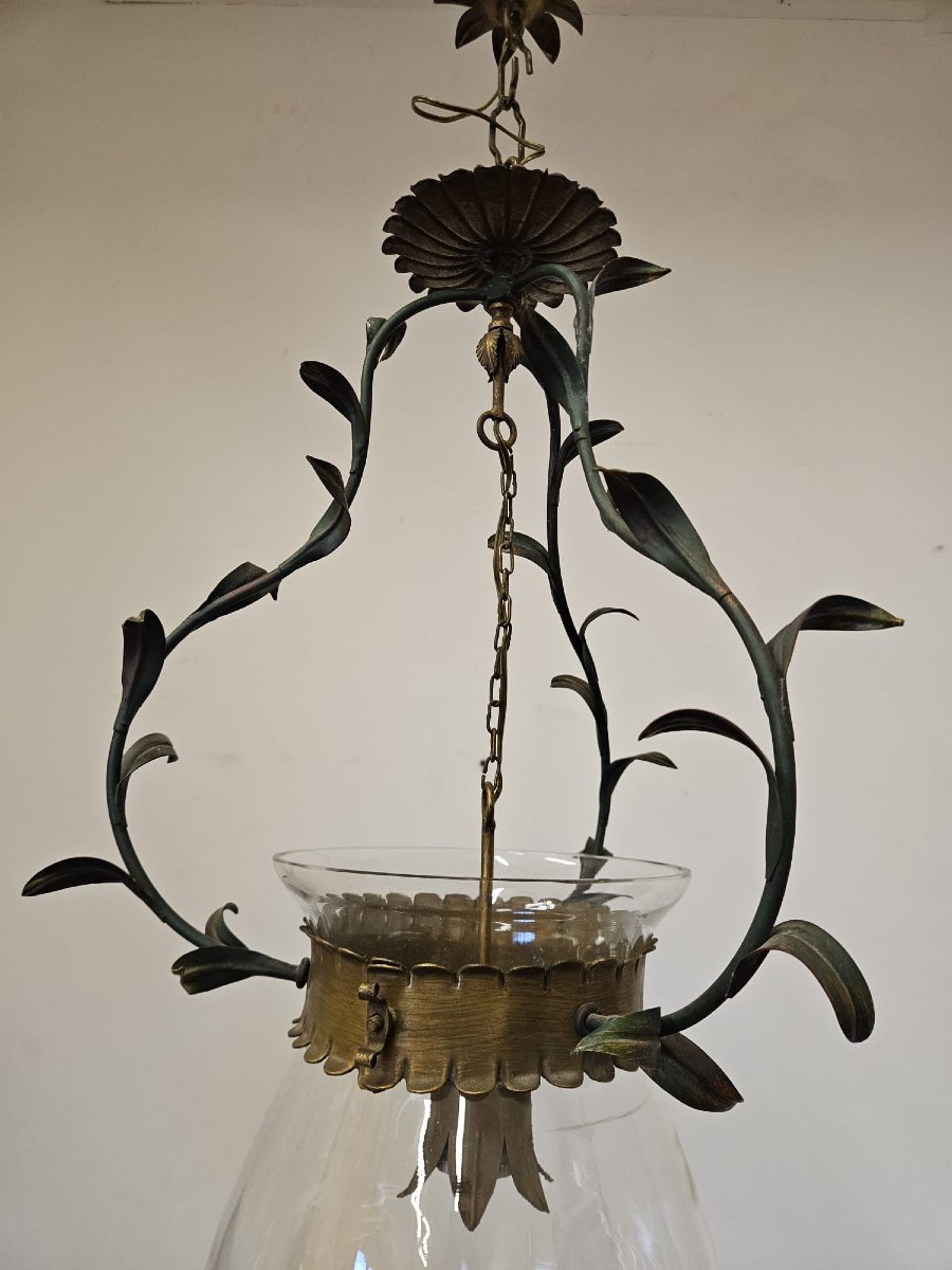 Lampadario in ferro battuto con vetro, anni ’50-photo-2