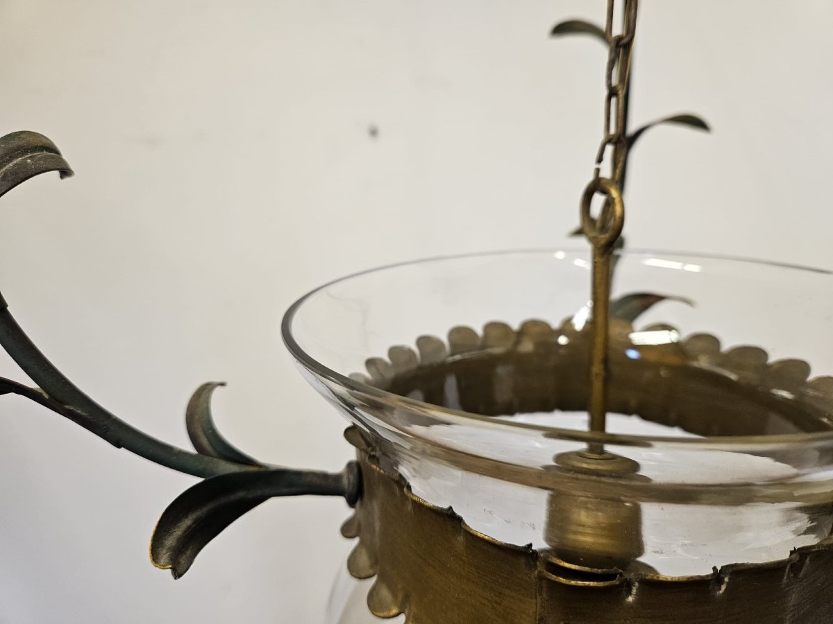 Lampadario in ferro battuto con vetro, anni ’50-photo-3