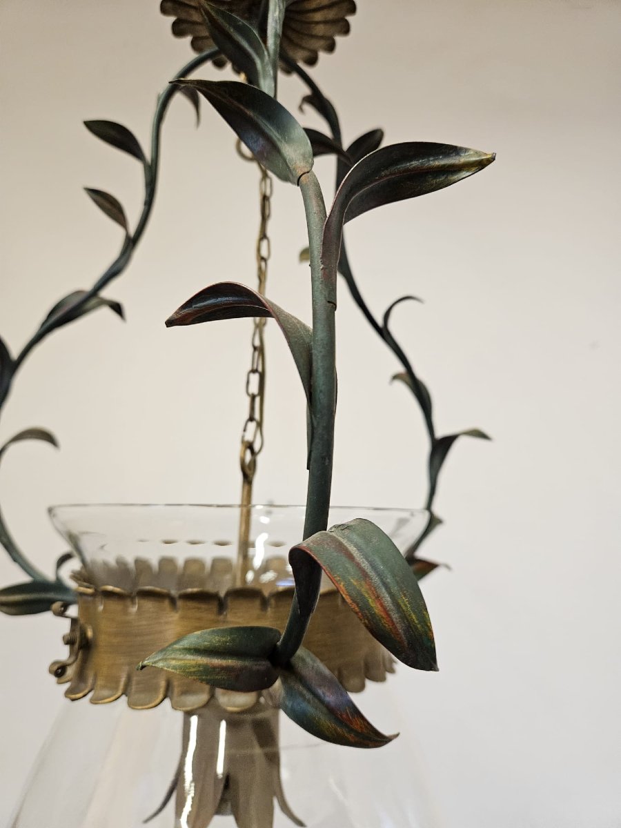 Lampadario in ferro battuto con vetro, anni ’50-photo-5