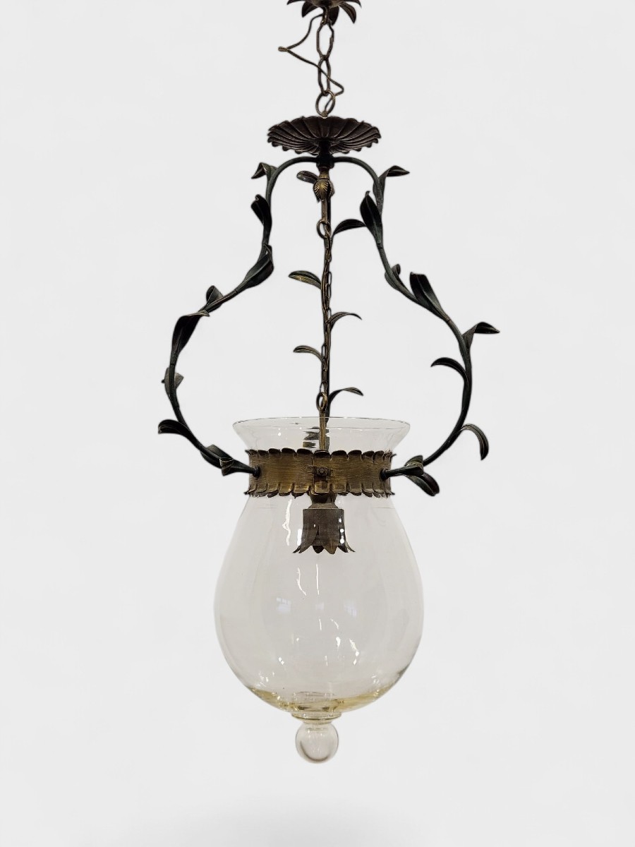 Lampadario in ferro battuto con vetro, anni ’50