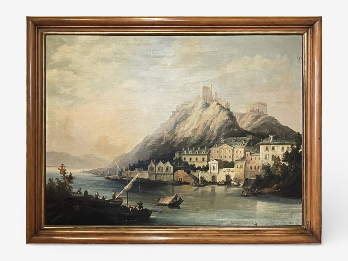 Dipinto a olio su tela – Veduta della Fortezza di Ehrenbreitstein sul fiume Reno