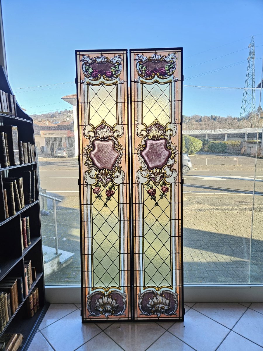 Coppia di vetrate cattedrale rilegate al piombo primo 900 -  215x41,5 cm-photo-3