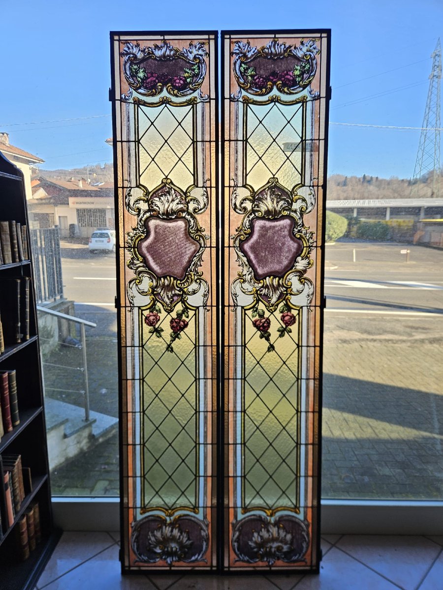 Coppia di vetrate cattedrale rilegate al piombo primo 900 -  215x41,5 cm-photo-5