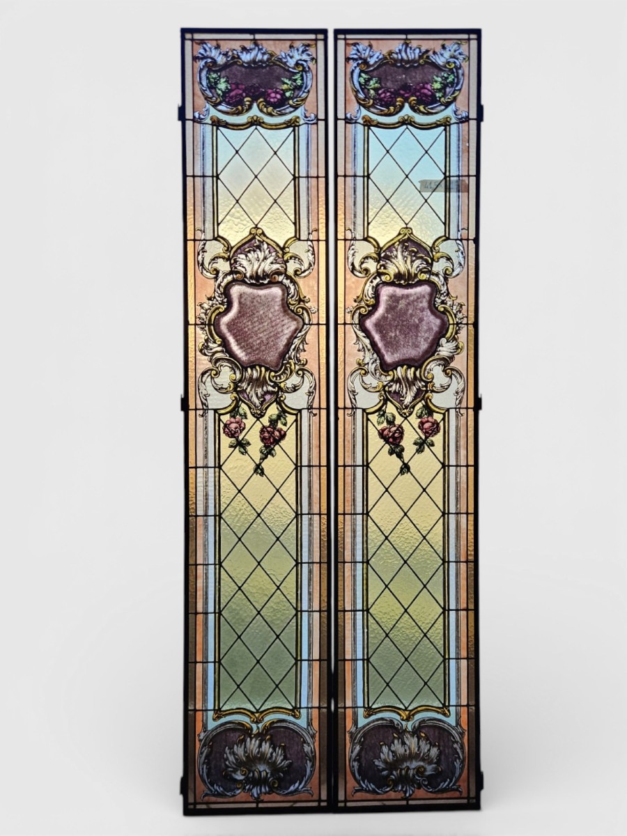 Coppia di vetrate cattedrale rilegate al piombo primo 900 -  215x41,5 cm