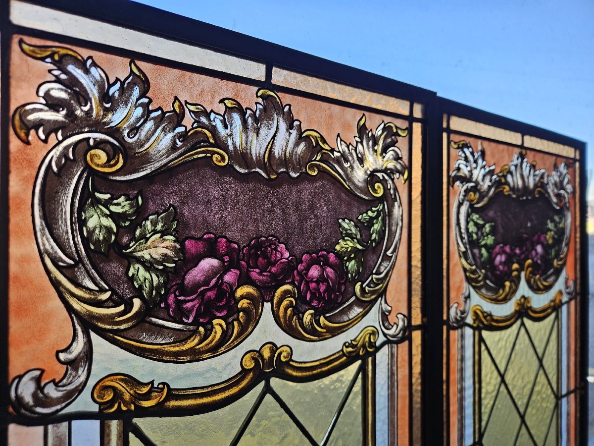 Coppia di vetrate cattedrale rilegate al piombo primo 900 -  162x41 cm-photo-2