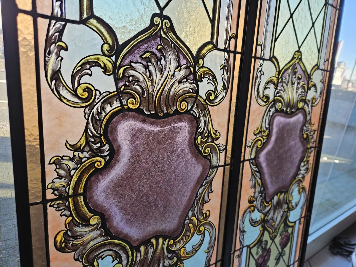 Coppia di vetrate cattedrale rilegate al piombo primo 900 -  162x41 cm-photo-2