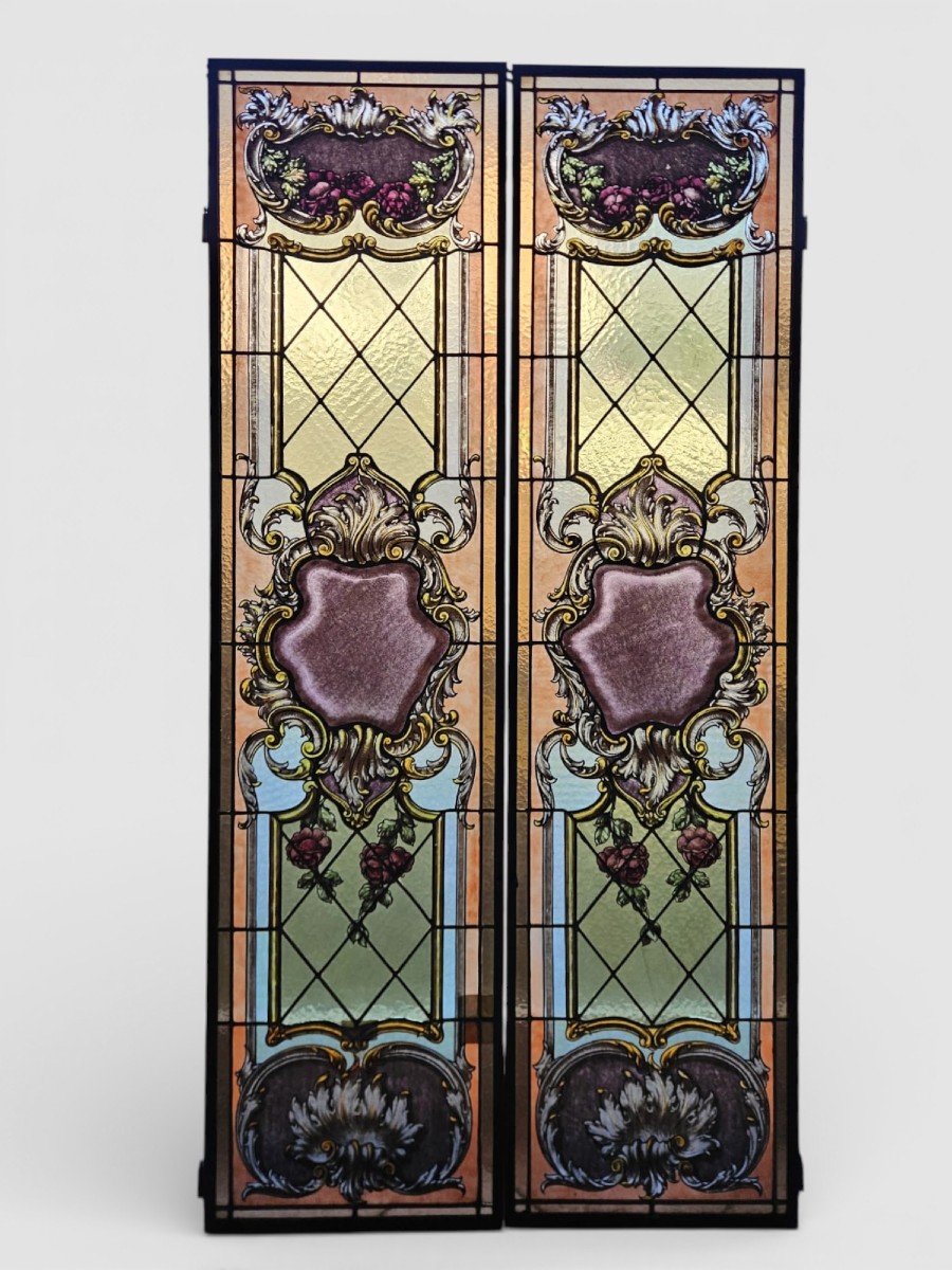 Coppia di vetrate cattedrale rilegate al piombo primo 900 -  162x41 cm