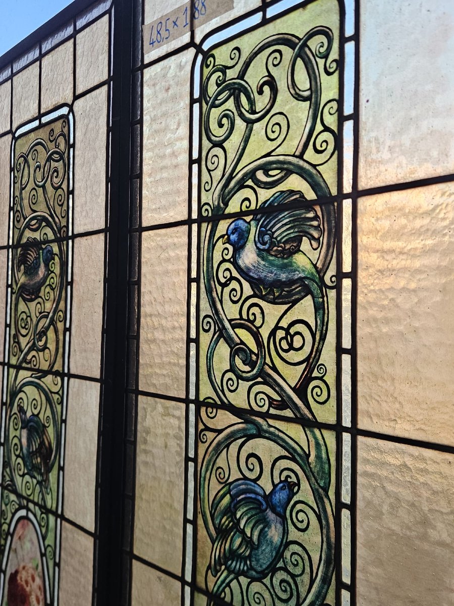 Coppia di vetrate cattedrale rilegate al piombo primo 900 - 188 cm x 48,5 cm.-photo-3