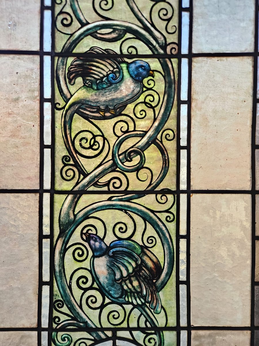 Coppia di vetrate cattedrale rilegate al piombo primo 900 - 188 cm x 48,5 cm.-photo-2