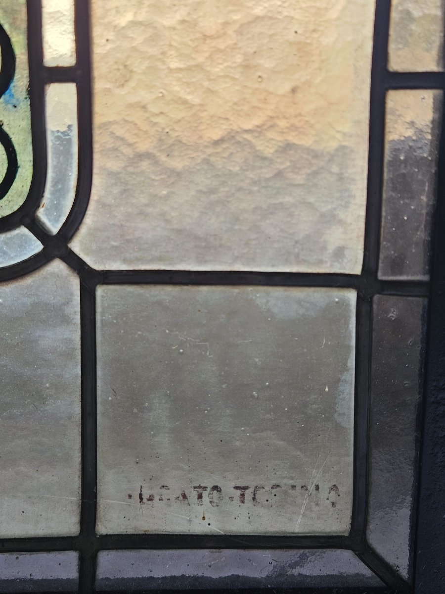 Coppia di vetrate cattedrale rilegate al piombo primo 900 - 188 cm x 48,5 cm.-photo-5