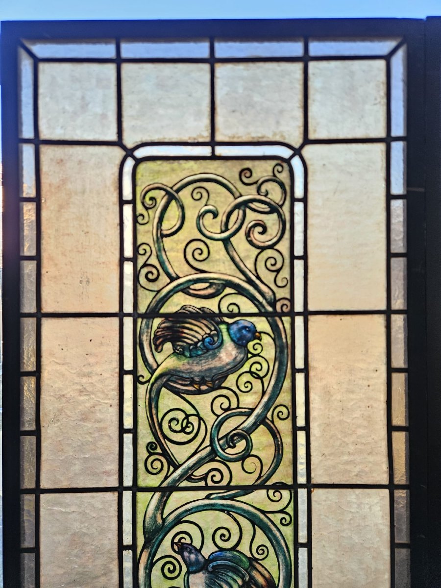 Coppia di vetrate cattedrale rilegate al piombo primo 900 - 188 cm x 48,5 cm.-photo-6