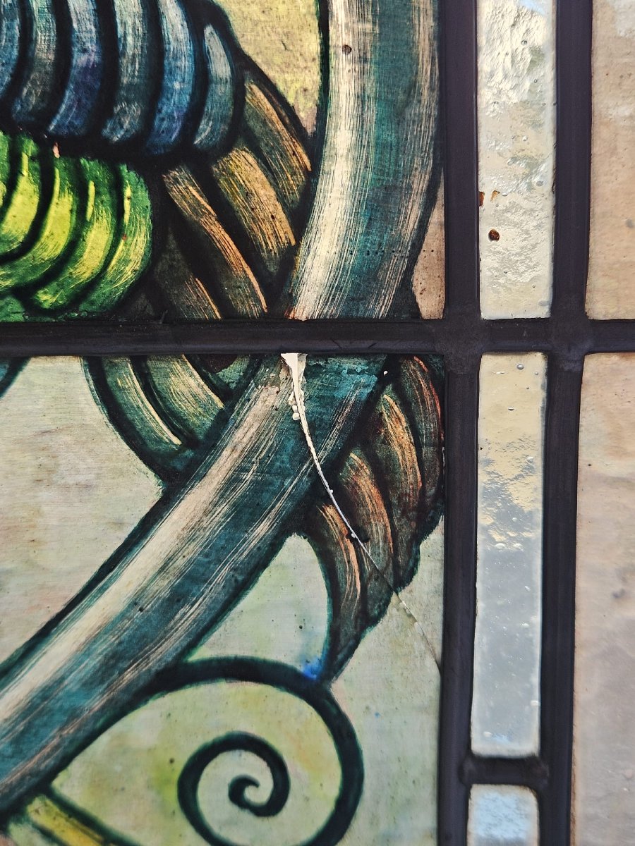 Coppia di vetrate cattedrale rilegate al piombo primo 900 - 188 cm x 48,5 cm.-photo-7