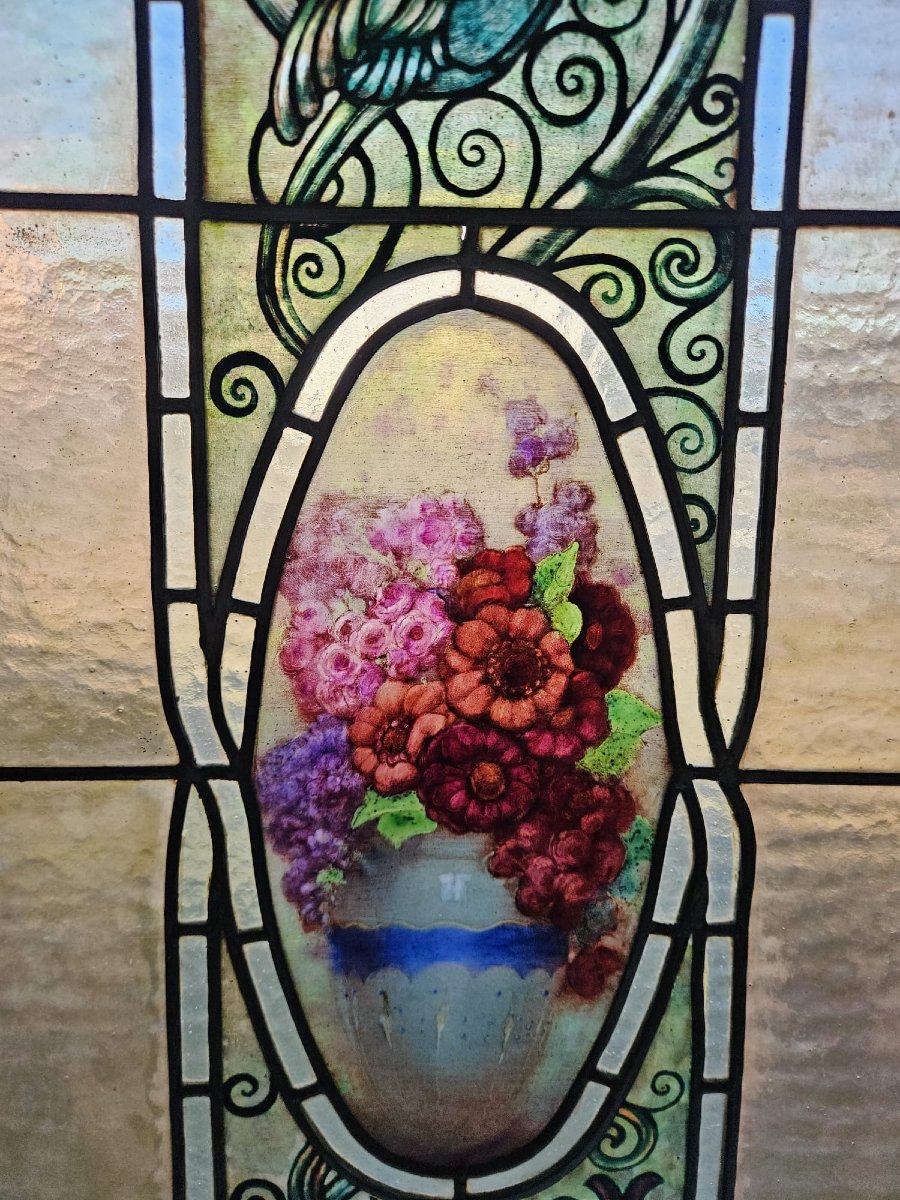 Coppia di vetrate cattedrale rilegate al piombo primo 900 - 188 cm x 48,5 cm.-photo-8