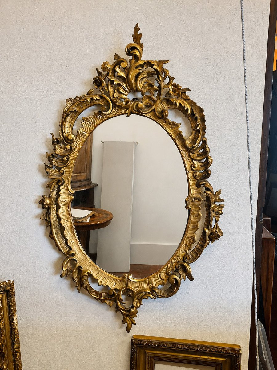 Specchiera ovale in legno intagliato e dorato a foglia – XIX secolo-photo-2