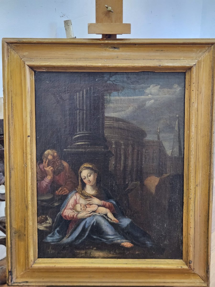Dipinto neoclassico raffigurante la Sacra Famiglia con rovine – Fine XVIII secolo-photo-2