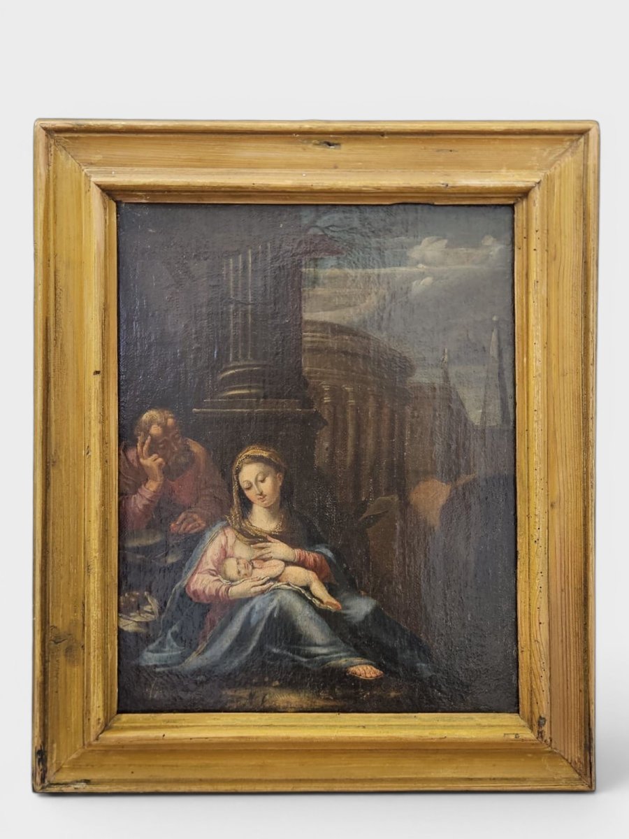 Dipinto neoclassico raffigurante la Sacra Famiglia con rovine – Fine XVIII secolo