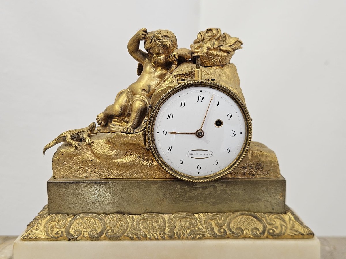 Orologio da tavolo in marmo bianco e bronzo dorato – primi del XIX secolo-photo-4