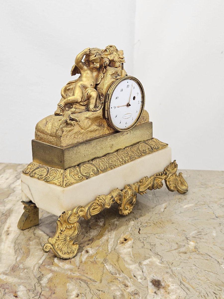 Orologio da tavolo in marmo bianco e bronzo dorato – primi del XIX secolo-photo-5