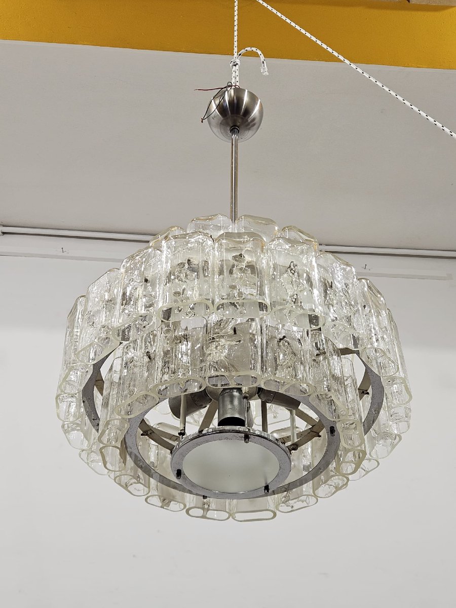 Coppia di lampadari DORIA-Werkstätten in vetro e metallo cromato – Anni ’60-photo-2