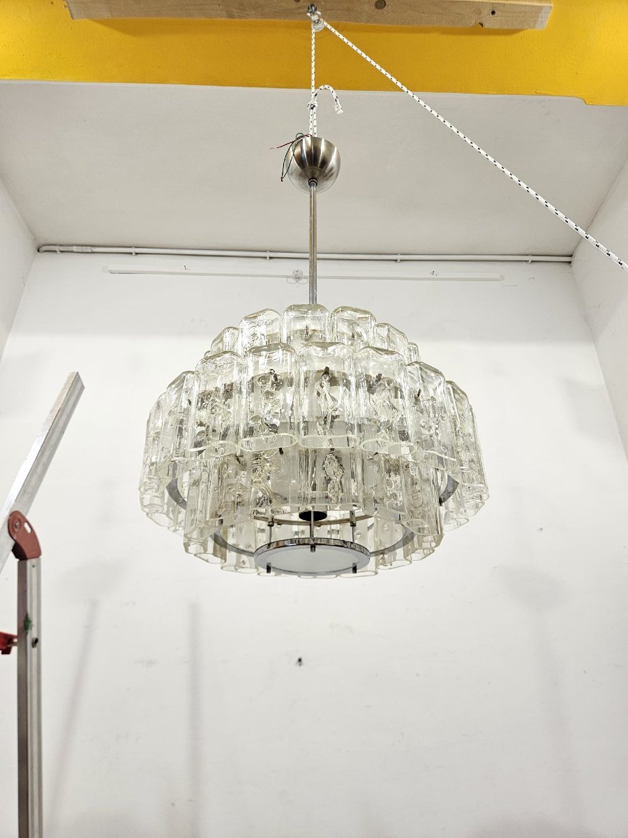 Coppia di lampadari DORIA-Werkstätten in vetro e metallo cromato – Anni ’60-photo-4