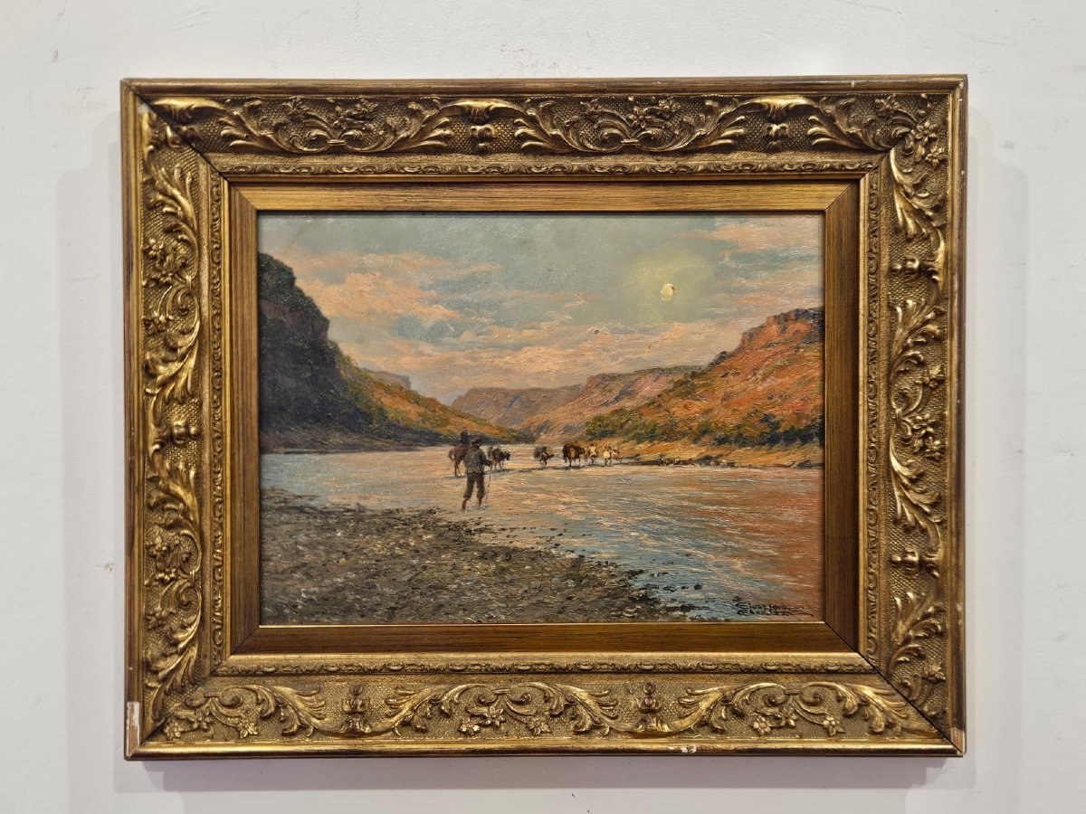 Giuseppe Gheduzzi (1889–1957) – Paesaggio fluviale – Olio su tavola