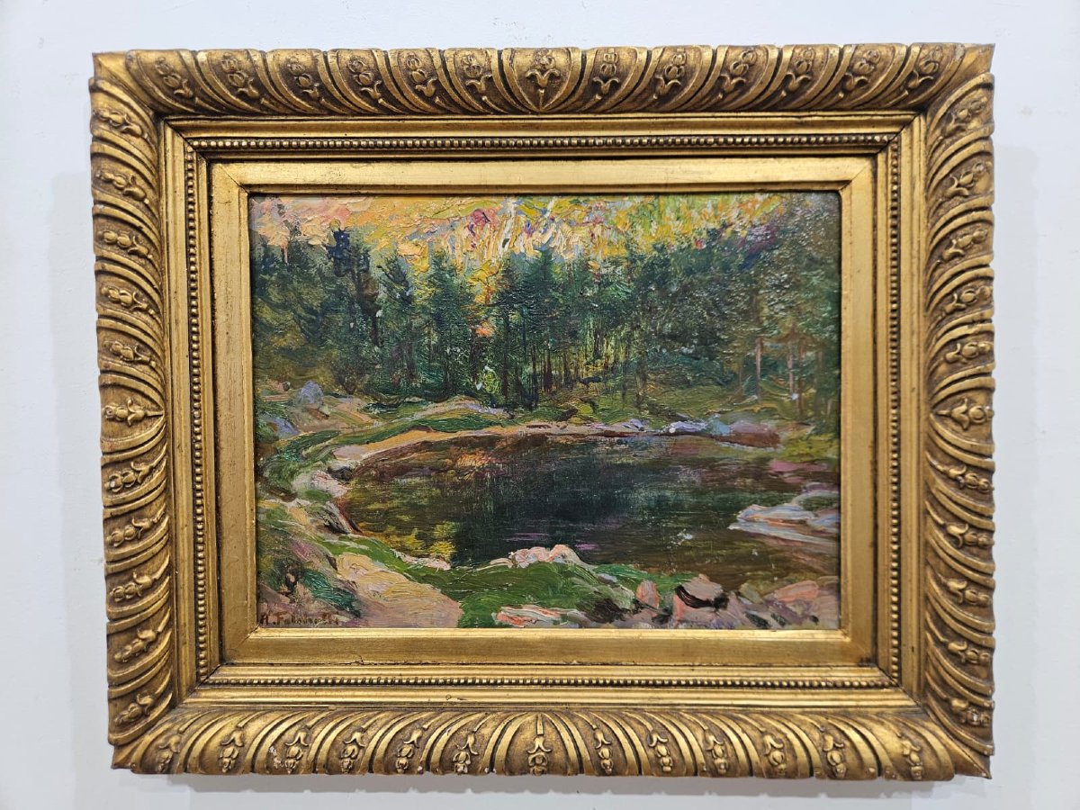 Alberto Falchetti (1878–1951) – Laghetto alpino – Olio su cartoncino-photo-1