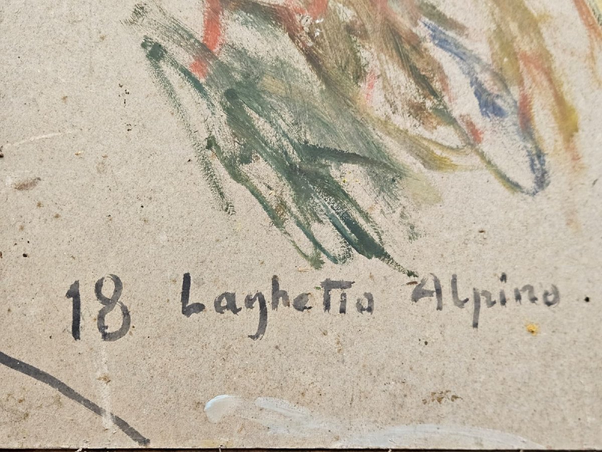 Alberto Falchetti (1878–1951) – Laghetto alpino – Olio su cartoncino-photo-4